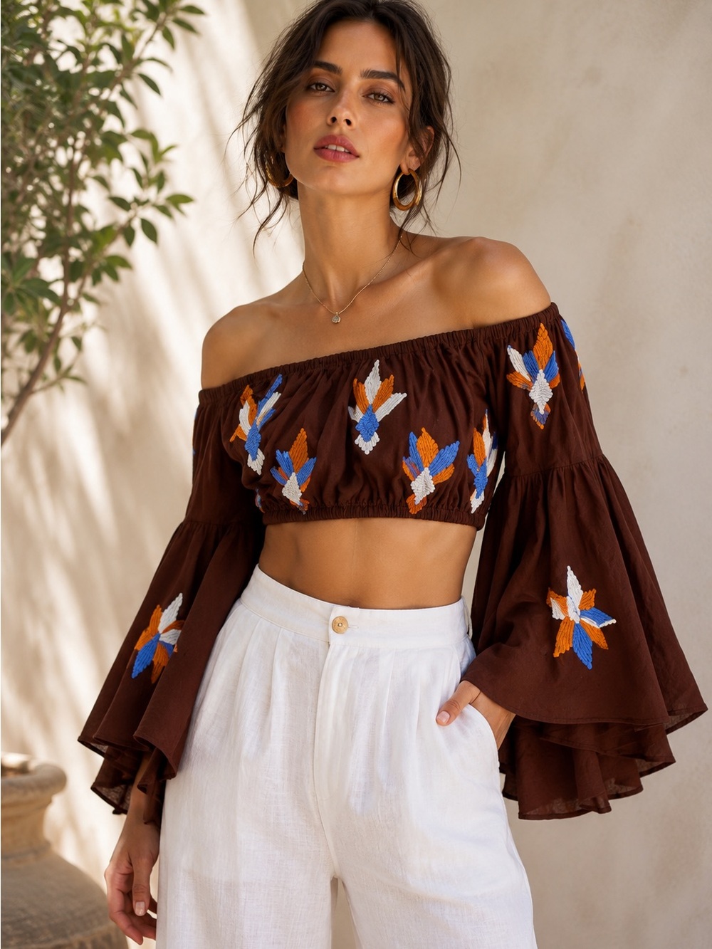All Things Mochi Embroidered Bell Sleeve Off Shoulder Resort Crop Top